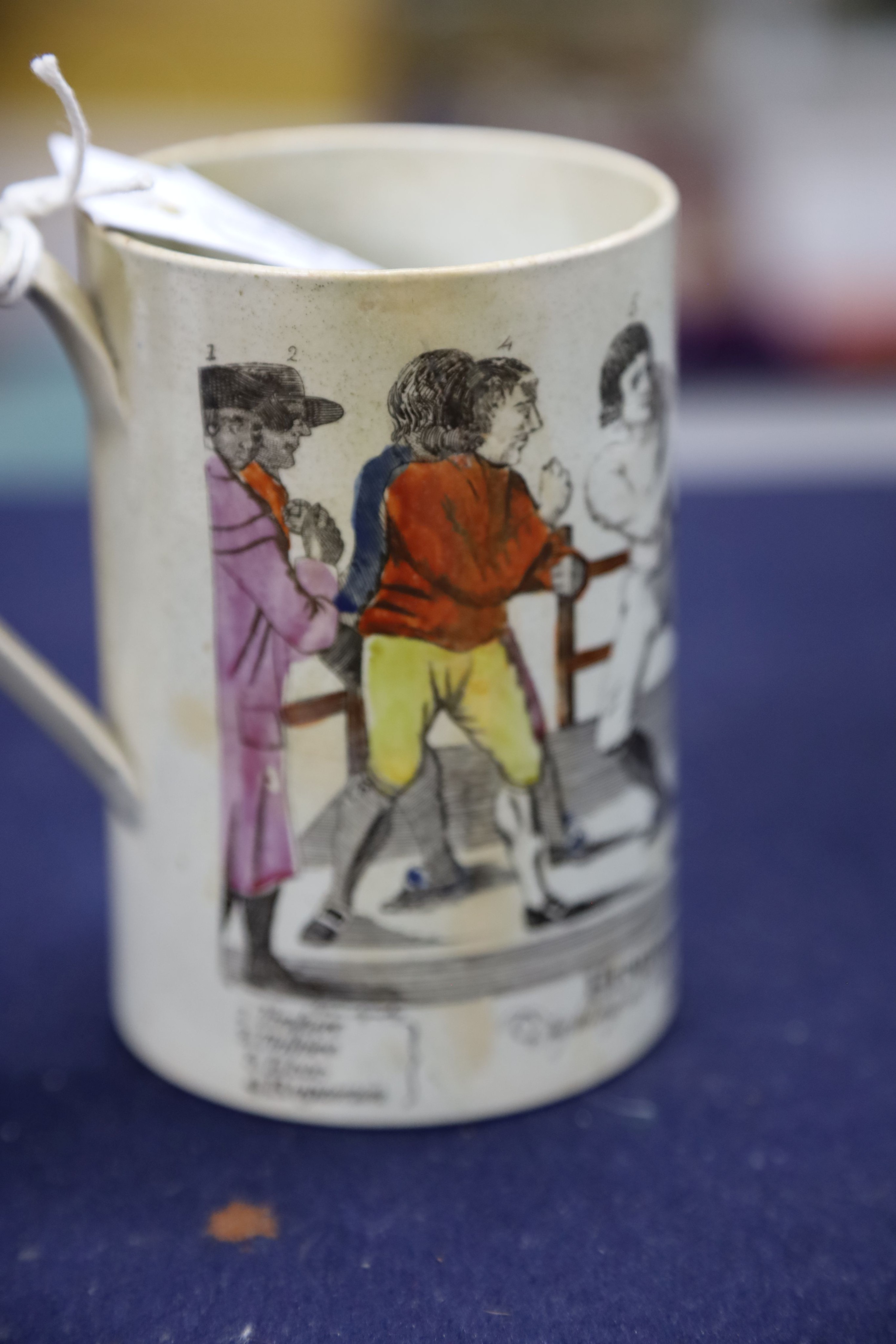 Boxing History- A late 18th century pearlware mug, depicting Humphreys v Mendoza, height 12cm